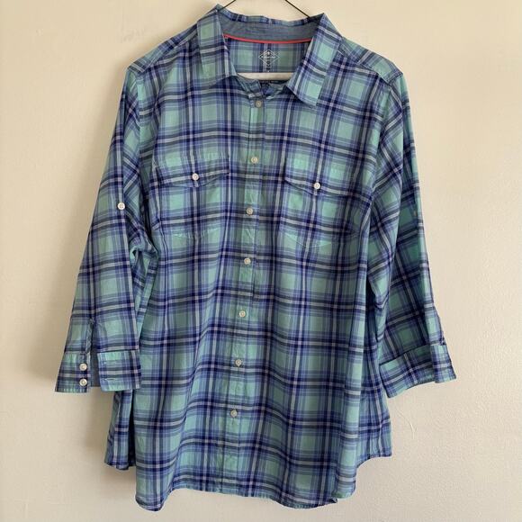 St. John’s Bay 1X Blue Plaid Cotton Button-Up Shirt – 3/4 Sleeve Plus Size Top - Picture 1 of 9
